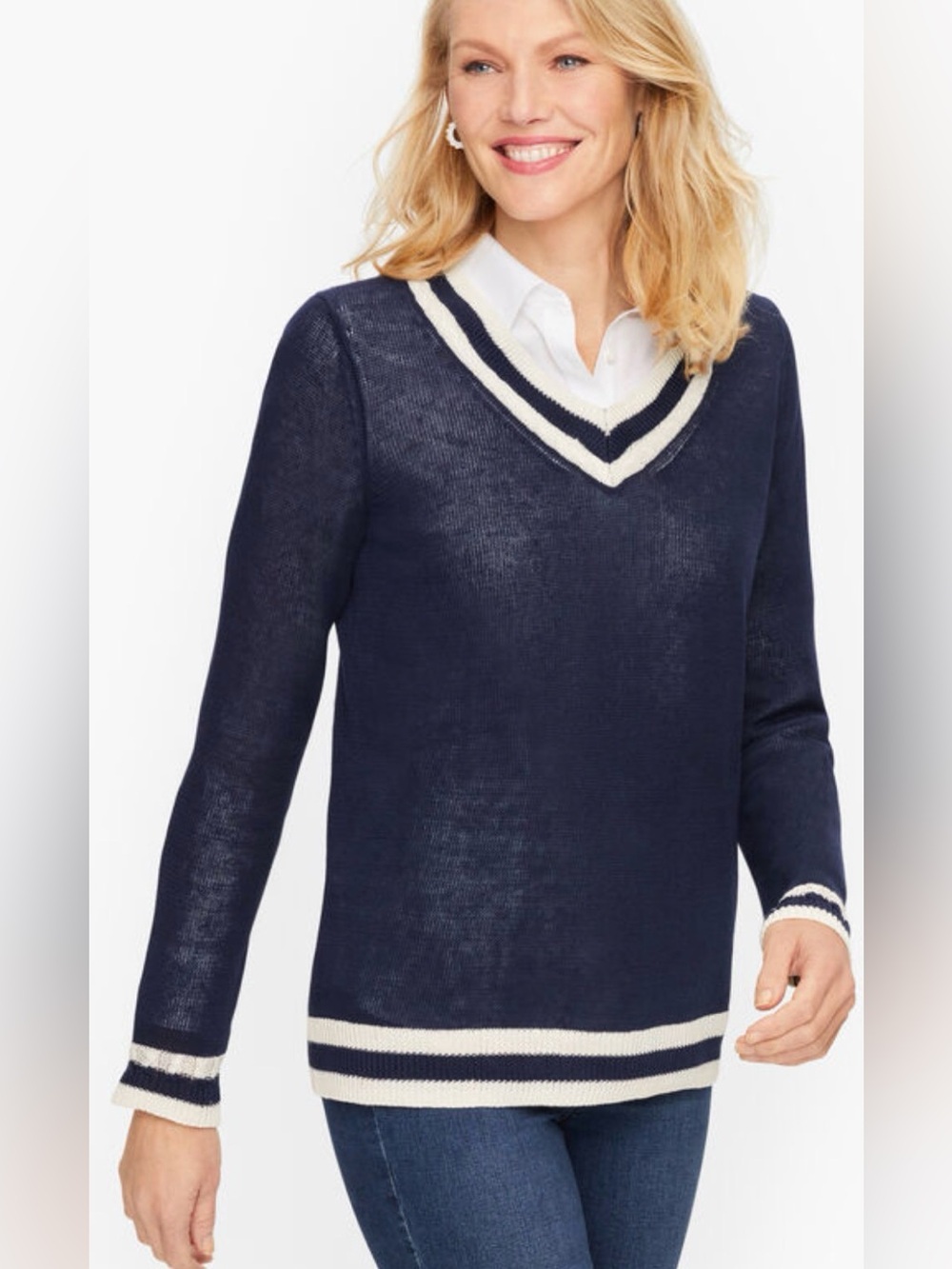 Talbots Linen V-Neck Varsity Sweater Navy Size 1XP 100% Linen - Picture 1 of 5